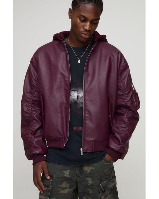 BoohooMAN Purple Oversized Textured Pu Jersey Hooded Bomber Jacket for men