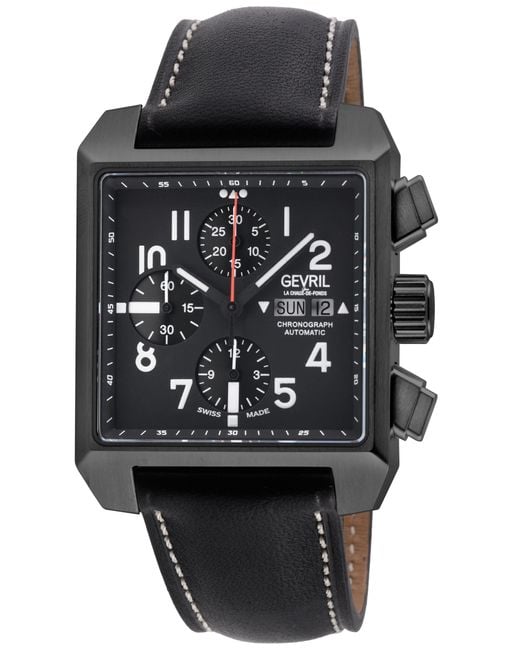 Gevril Black Herald Square Chronograph Ip/Blk Case, Dial, Handmade Italian Leather Strap Watch for men