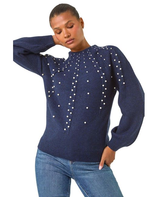 Roman Blue Pearl Embellished Cable Knit Jumper