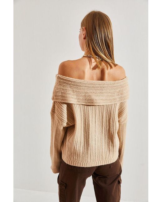 Bianco Lucci Brown Off Shoulder Ribbed Knit Sweater