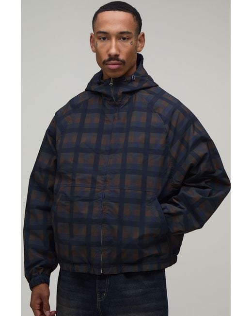 BoohooMAN Blue Oversized Boxy Fit Reversible Check Twill Hooded Cagoule for men