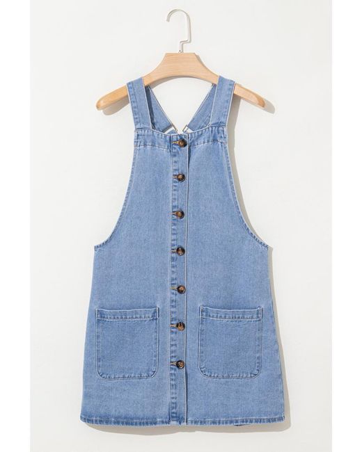 Azura Exchange Blue Beau Wide Strap Button Front Pocketed Denim Mini Dress Cotton