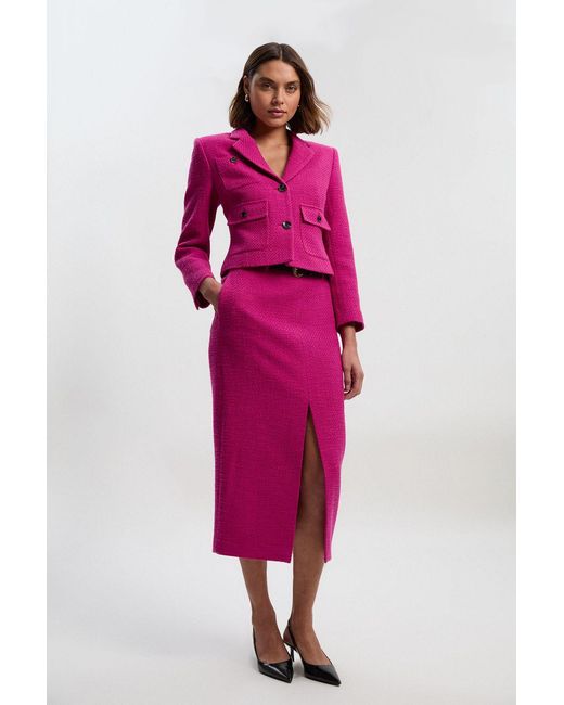 Karen Millen Pink Textured Tweed Tailored Belted Pencil Skirt
