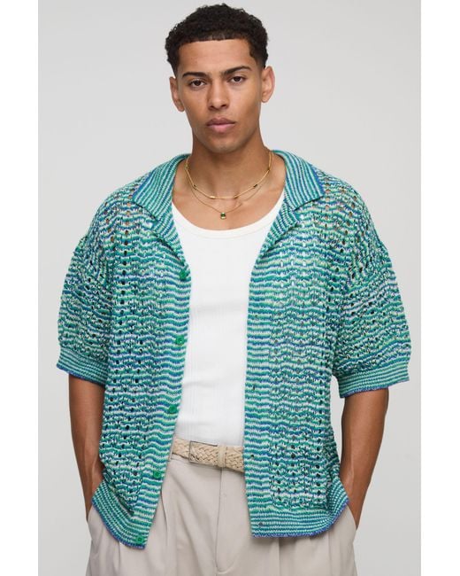 BoohooMAN Green Boxy Revere Ombre Texture Knitted Shirt for men