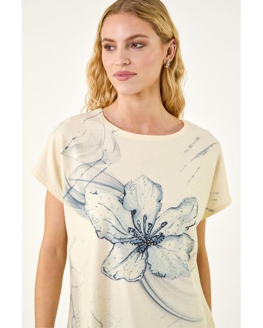Roman White Floral Print Embellished T-Shirt