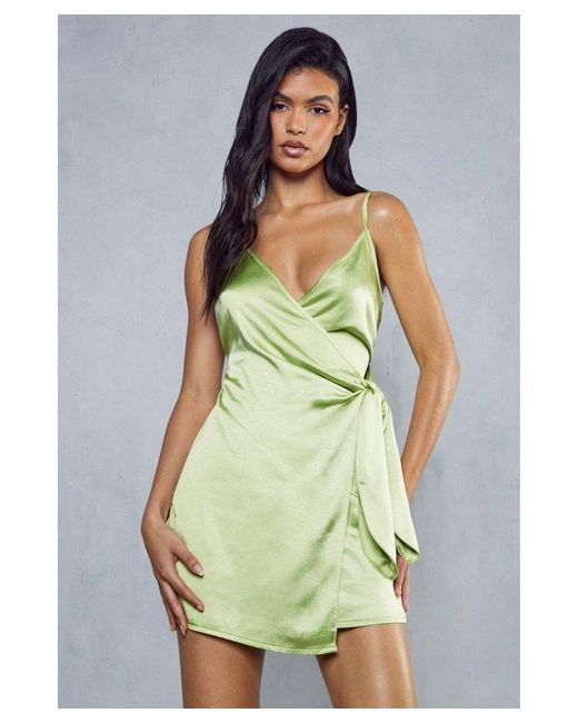 MissPap Green Premium Textured Satin Wrap Mini Dress