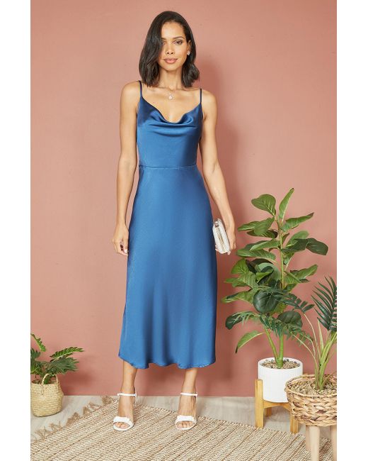 Yumi' Blue Satin Cowl Neck Midi Slip Dress