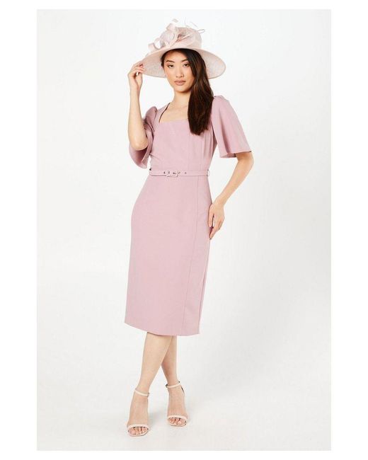 Coast Pink Crepe Square Neck Angel Sleeve Pencil Dress