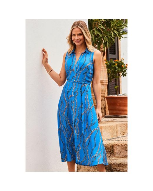 Sosandar Blue Chain Print Sleeveless Midi Shirt Dress