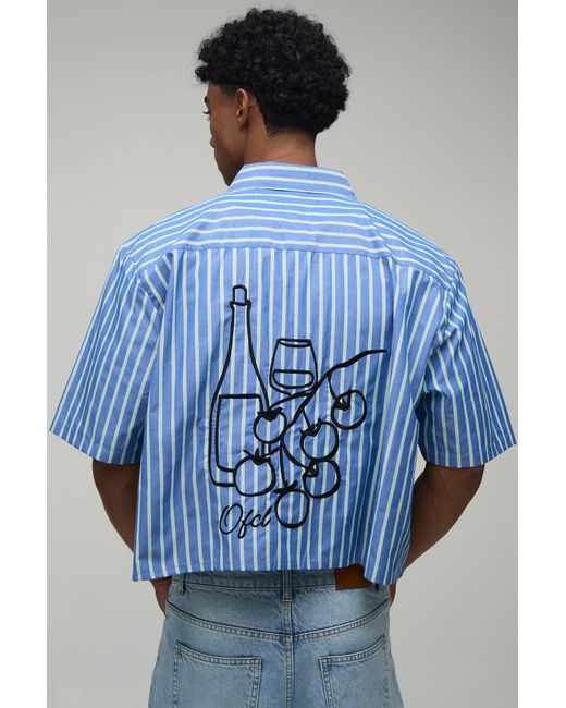 BoohooMAN Blue Boxy Crop Stripe Sketch Embroidered Shirt for men