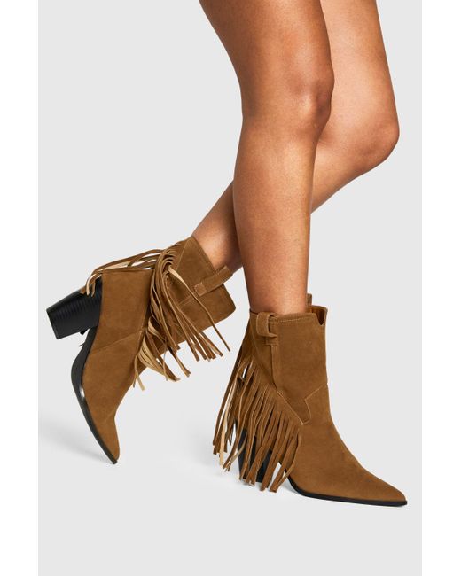 Boohoo Brown Faux Suede Fringe Tassel Detail Heeled Western Ankle Boot