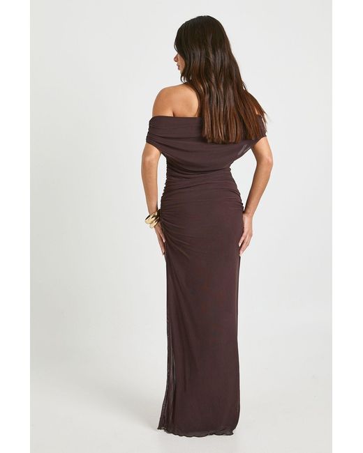 Boohoo Brown Off The Shoulder Mesh Maxi Dress