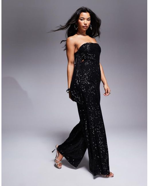 ASOS Black Sequin Bandeau Wide Leg Jumpsuit With Draped Back Detailing