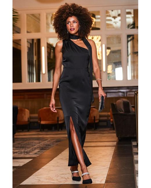 Sosandar Brown One Shoulder Tie Neck Satin Maxi Dress
