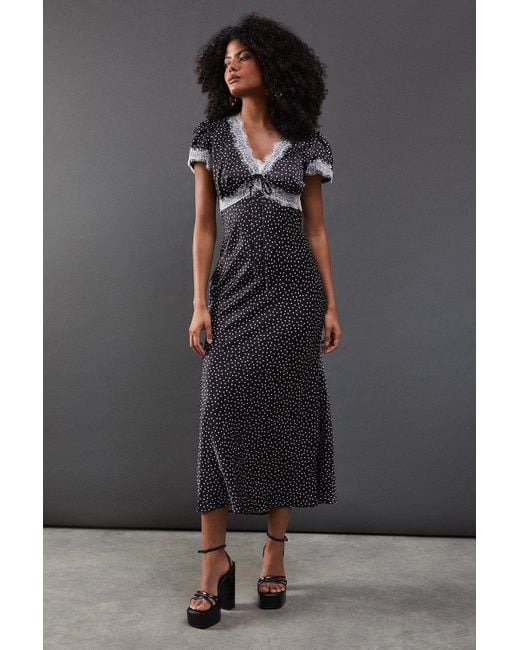 Warehouse Black Spot Satin Lace Trim Midaxi Tea Dress