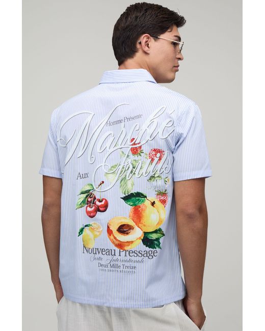 BoohooMAN Blue Boxy Crop Stripe Back Fruit Print Half Sleeve Shirt for men