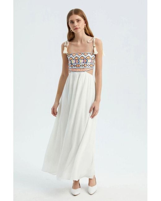 Hiccup White Geometric Square Neck Maxi Boho Dress With A Side Cut Out