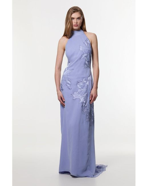 Karen Millen Purple Applique And Lace Georgette Woven Halter Maxi Dress