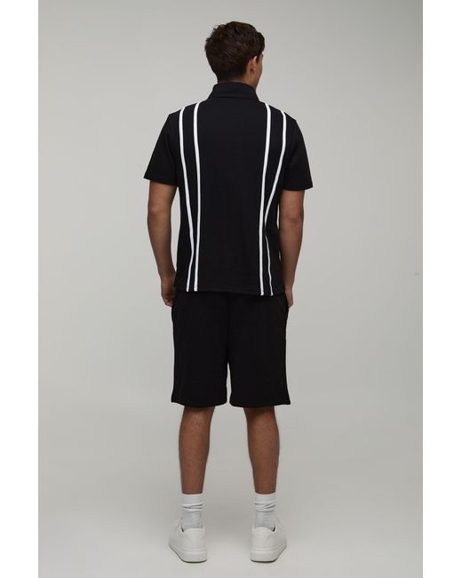 BoohooMAN Black Regular Fit Zip Up Stripe Polo & Jersey Short Set for men
