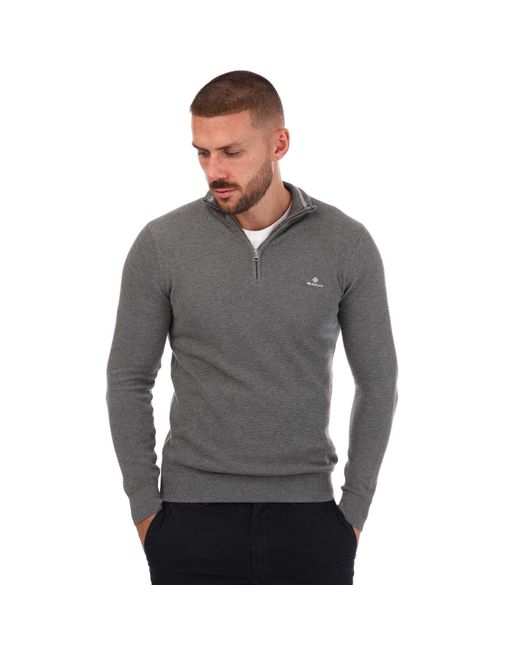 Gant Katoenen Piqué Trui Met Half Ritssluiting In Grijs Marl in het Gray voor heren