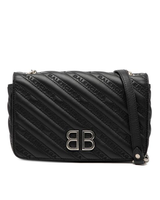 Balenciaga Black Pre-Owned Embossed Leather Allover Logo Bb Wallet On Chain
