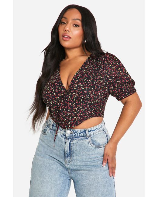 Boohoo Blue Plus Cherry Puff Short Sleeve Corset Top