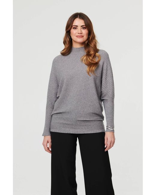 Izabel London Gray Striped Texture High Neck Relaxed Jumper