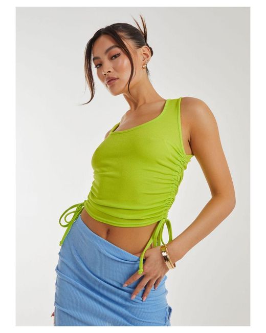 Pink Vanilla Green Ruched Tie Up Side Crop Top