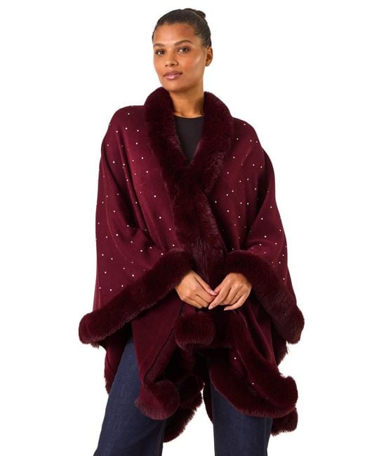 Roman Red Hotfix Faux Fur Trim Cape