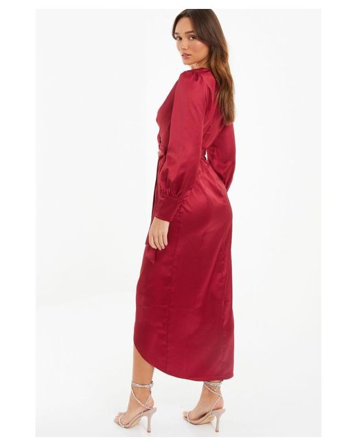 Quiz Red Berry Satin Long Sleeve Wrap Midaxi Dress