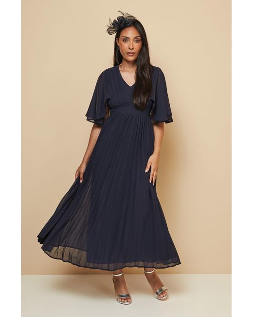 Wallis Blue Petite Pleated Cape Sleeve Midi Dress