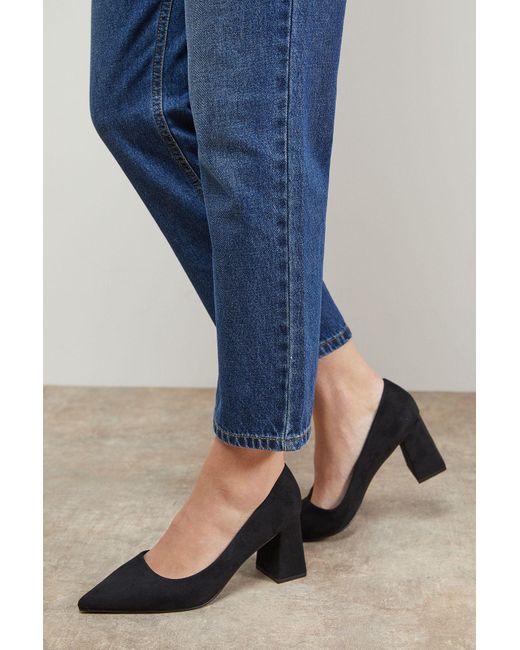 Oasis Blue Val Faux Suede Pointed High Block Heel Courts