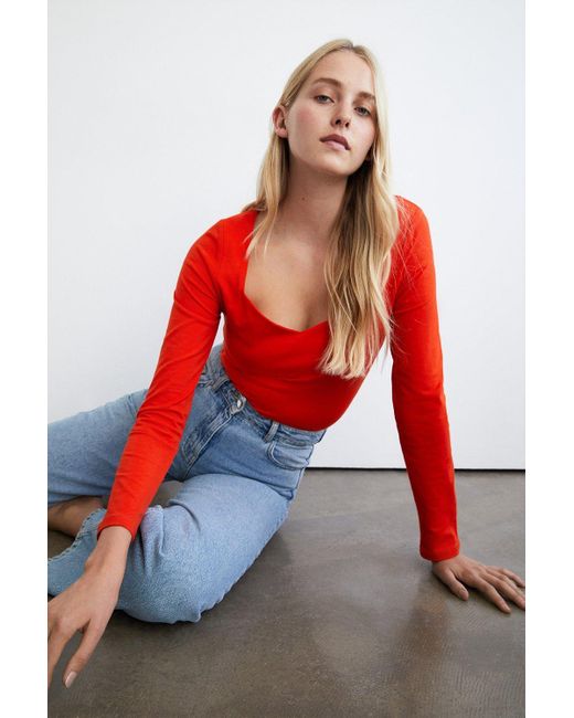 Warehouse Red Clean Cotton Sweetheart Neck Long Sleeve Top