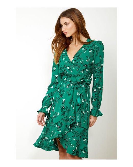Sosandar Green Floral Print Ruffle Hem Wrap Dress