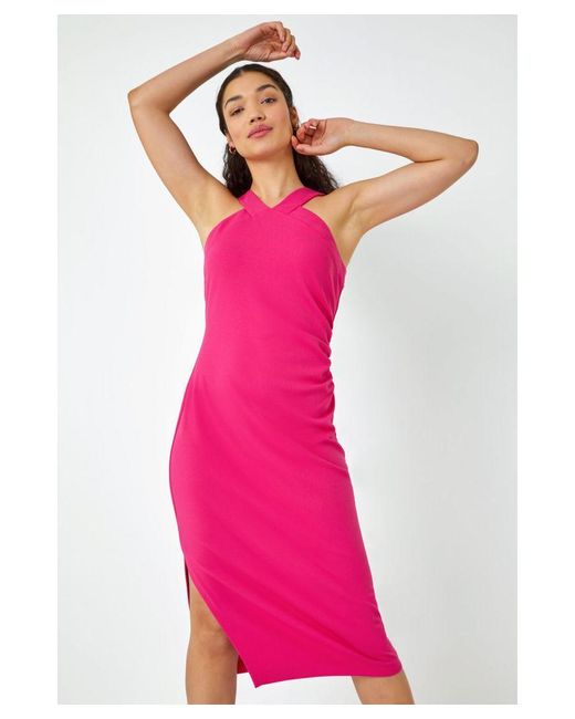 D.u.s.k Pink Ruched Halter Neck Midi Stretch Dress