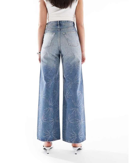 ONLY Blue Hope Extra High Waist Wide Leg Rhinestone Jeans