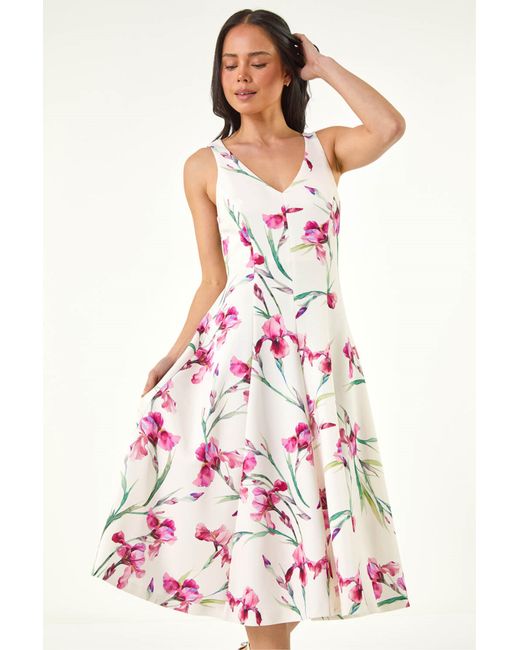 Roman White Petite Floral Premium Stretch Midi Dress
