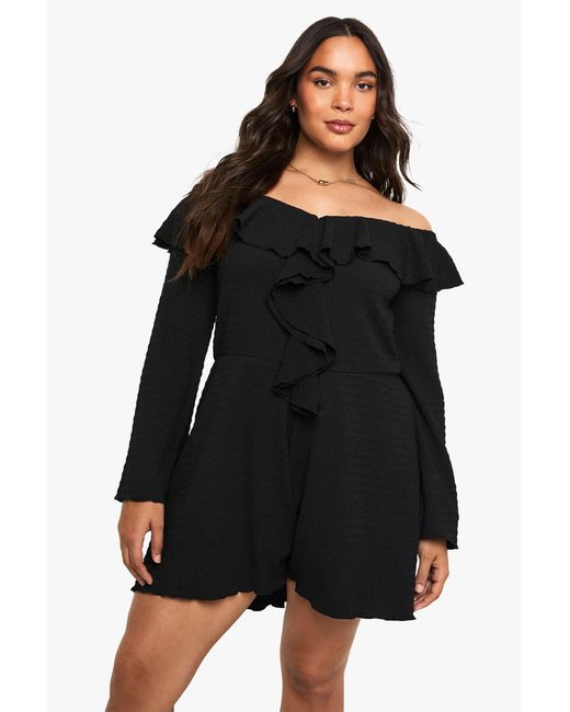 Boohoo Black Plus Textured Ruffle Bardot Romper