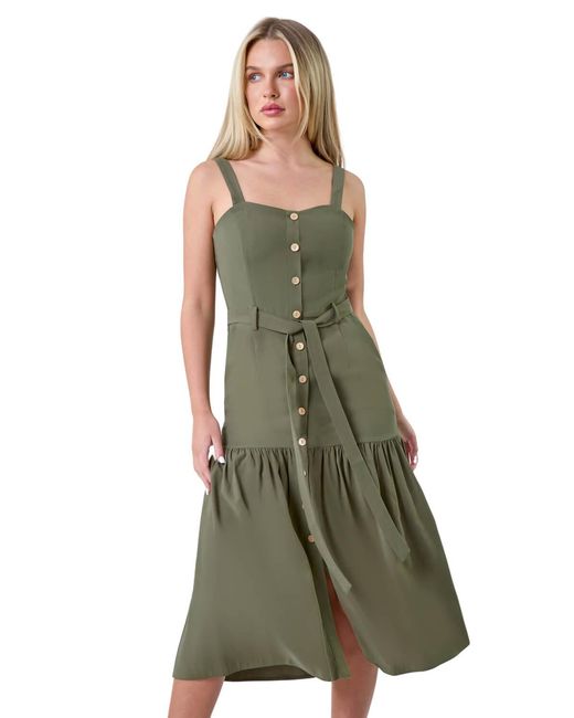 Roman Petite Green Button Front Tiered Midi Dress