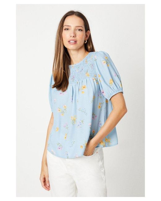 Dorothy Perkins Blue Floral Shirred Puff Sleeve Blouse