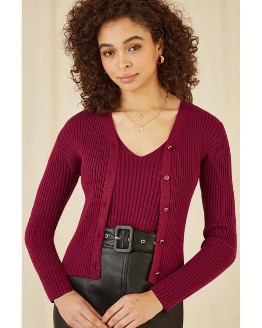 Yumi' Red Burgundy Metallic Rib Knitted Cardigan