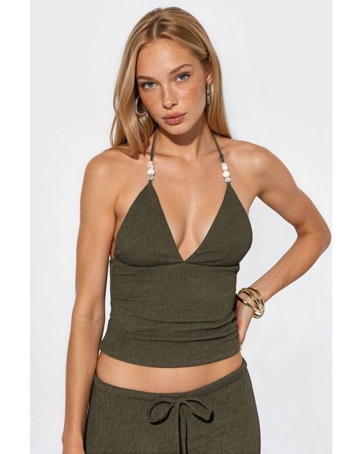 Busem Green Fitted Halterneck Crop Blouse With Tie Detail