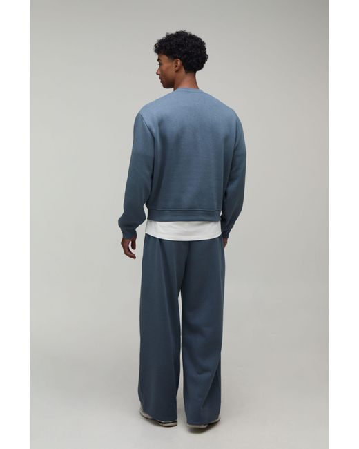 BoohooMAN Blue Overiszed Boxy Henley Sweatshirt And Wide Leg Jogger for men