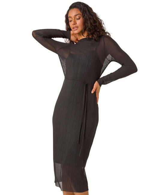 D.u.s.k Pleated Plisse Stretch Mesh Midi Dress in Black