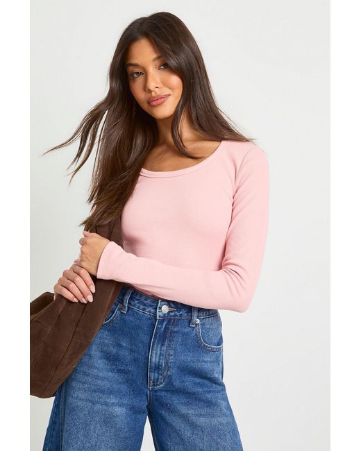 Boohoo Blue Basic Rib Scoop Neck Fitted Long Sleeve Top