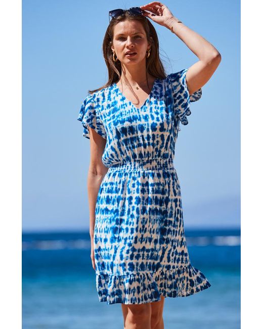 Sosandar Blue Tie Dye Print Stretch Waist Crinkle Dress