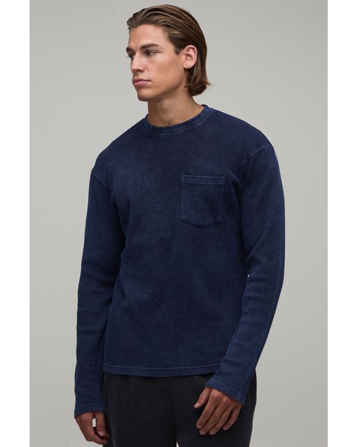 BoohooMAN Blue Essential Regular Fit Wash Long Sleeve Waffle Pocket T-Shirt for men