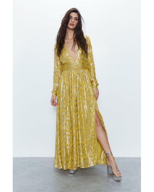 Warehouse Yellow Sparkle Plunge Gathered Waist Maxi Dress