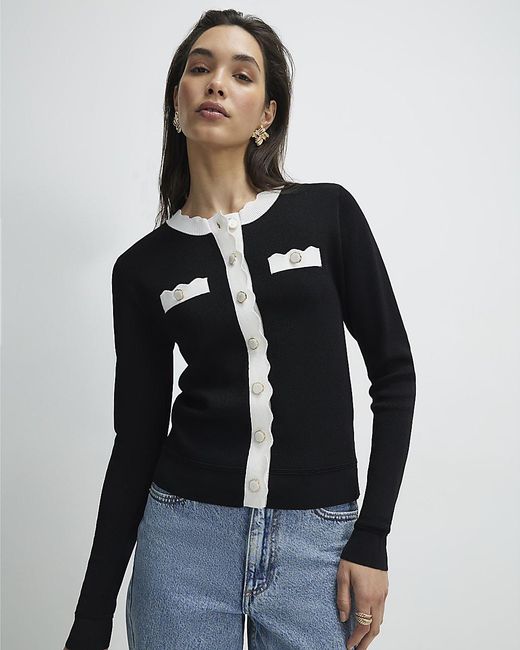 River Island Blue Cardigan Fitted Tipped Neat Viscose