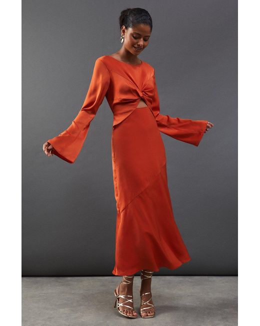 Warehouse Gray Satin Twist Front Bias Midi Dress